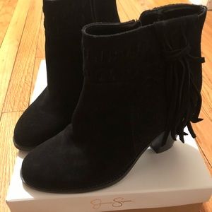 Jessica Simpson short fringe black suede boots